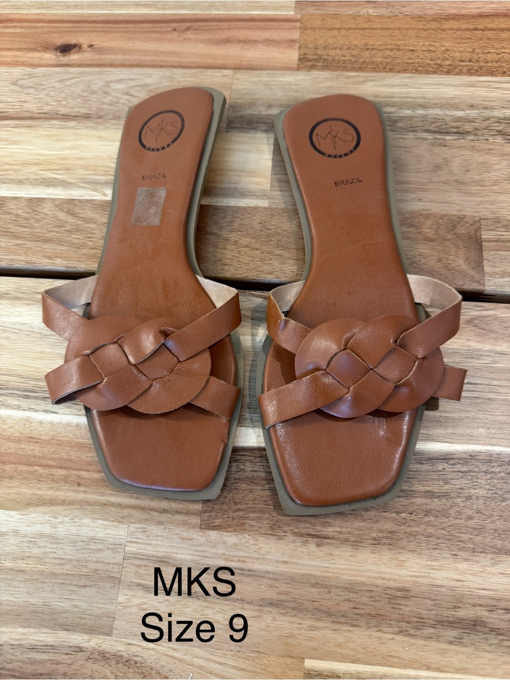 MKS Women's Tan Braided Leather Slide Sandals